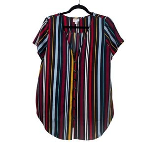 LuLaRoe Medium Button Down Top Multicolor Striped V-Neck Short Sleeve Shirt